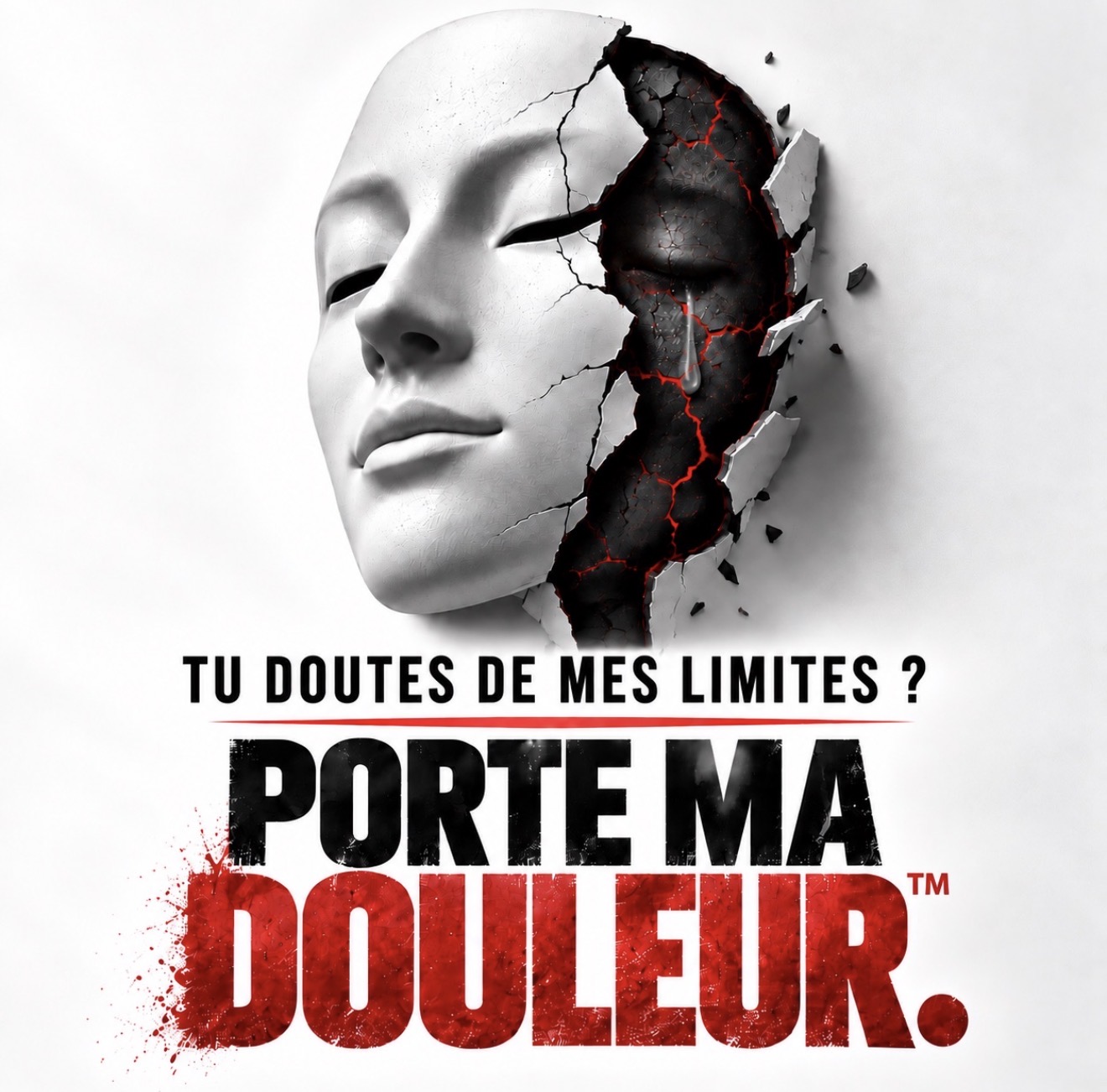 Visage blanc fissuré révélant une zone sombre et rouge, illustration symbolisant la douleur invisible.